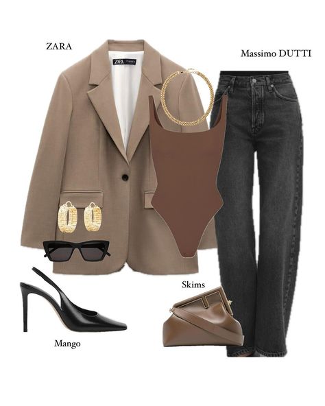 Brown And Jeans Outfit, Brown Summer Outfits, Blazer Cafe, Brown And Black Outfit, Brown Blazer Outfit, Cafe Outfit, Jeans Blazer Outfit, Casual Work Outfits Women, Capsule Wardrobe Outfits