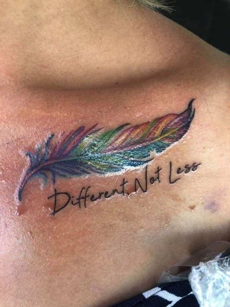 Different Not Less Tattoo, Teacher Tattoos, Feather Tattoo Colour, Different Not Less, Love Symbol Tattoos, Awareness Tattoo, Bone Tattoo, Full Body Tattoo, Collar Bone Tattoo