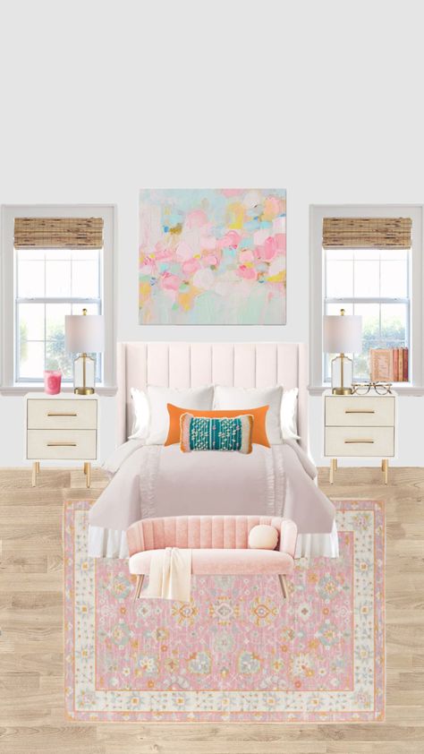 Pink and orange room#homedecor #orange#pink Pink And Orange Room, Modern Dorm Room, Blue Dorm, Orange Room, Bedroom Turquoise, Orange Rooms, College Room Decor, Coastal Room, College Dorm Room Decor