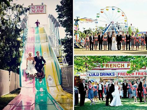 Take your wedding up a notch and plan a wedding they'll truly never forget — rent a carnival or theme park for some after-hours fun! Carnival Wedding Theme, Carnival Themed Wedding, Fair Wedding, Circus Wedding, Carnival Wedding, Fun Wedding Ideas, Carnival Rides, Unconventional Wedding, Fun Fair