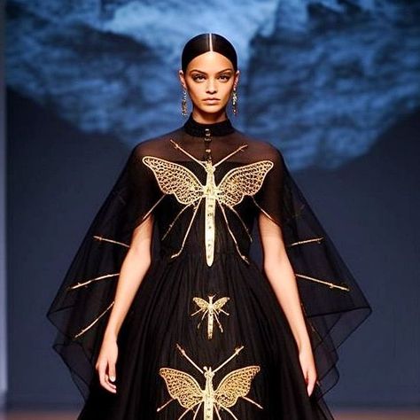 AI Prințesa Digitală on Instagram: "🖤PRAY SERIES✝️ 2/3 goes on with stunning priest-like black cape gowns that I couldn’t help myself not adding gold butterfly details over the religious motives. NOTE. The aim of this collection is not mocking religion nor jeopartazing any religion. It is simply an act of creation. It’s meant to appreciate the aesthetic. Concept by @printesa.digitala for the Pray Virtual Collection, assisted by AI (MJ v5.1)🖤" Butterfly Details, Butterfly Fashion, Cape Gown, Black Cape, Gold Butterfly, Dream Dress, Red And Blue, Fashion Show, Cape