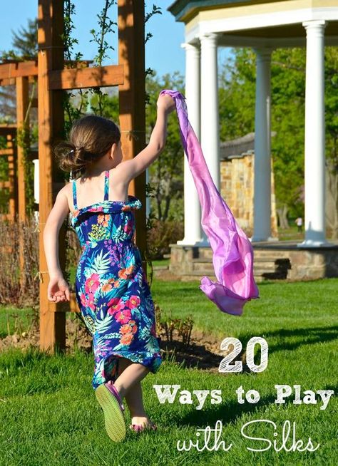 20 Creative Ways to Play with Silks Play Silks Activities, Play Silk Ideas, Play Silk Storage, Playful Spring Sets For Playdate, Playful Sets For Playdate In Spring, Imaginary Play Preschool, Waldorf Aesthetic, Activity Stations, Nature Homeschool