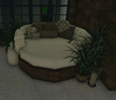 Bloxburg Ideas Modern, Bloxburg House Ideas Exterior Minimalist, Bloxburg Sofa Ideas, Bloxburg Dog Bed, Bloxburg Backyard Ideas Aesthetic, Bloxburg Rustic House, Bloxburg House Ideas Backyard, Bloxburg Rooftop Ideas, Porch Bloxburg