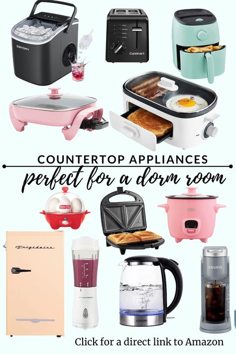 Countertop appliances perfect for college life in the dorm room! toaster, air fryer, keurig, griddle, rice maker, ice maker, counter top, appliances, mini fridge, college, dorm life, cooking in the dorm room #ad Cooking In Dorm Room, Dorm Cooking Essentials, College Dorm Cooking Essentials, Dorm Room Gadgets, Dorm Room Cooking Appliances, Food For College Students Dorm Room, Dorm Room Meal Ideas, Dorm Room Appliances, Dorm Room Food Ideas