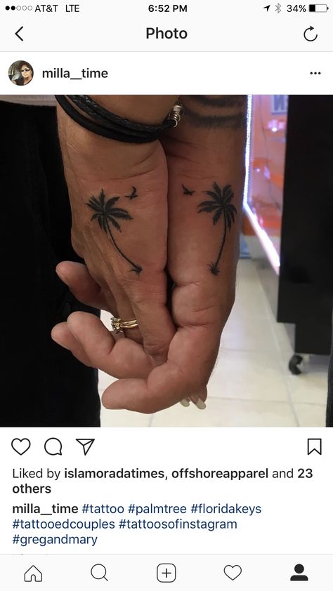 Palm Tree Couple Tattoo, Couples Palm Tree Tattoo, Palm Tree Beach Tattoo Design, Palm Tree Hand Tattoo, Palm Tree Finger Tattoo, Palm Tree Tattoos For Women, Tree Heart Tattoo, Anniversary Tattoos, West Tattoo