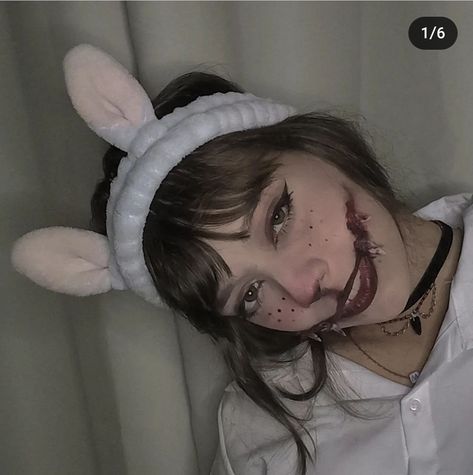 Bunny halloween makeup Dead Bunny Makeup, Scary Rabbit Makeup, Creepy Bunny Makeup, Bunny Halloween Costume Makeup, Killer Bunny Makeup, Scary Bunny Makeup Halloween, Evil Bunny Costume, Killer Bunny Costume, Scary Bunny Costume