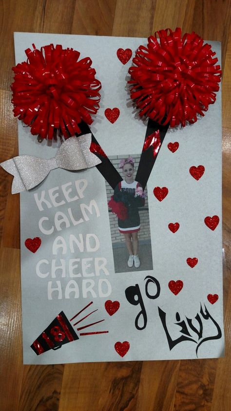 Cheer poster Cheer Poster Ideas For Competition, Cheer Competition Door Decorations, Competitive Cheer Poster Ideas, Cheer Spirit Poster Boards, Homecoming Poster Ideas For Cheerleader, Drill Team Poster Ideas, Diy Cheer Posters Signs, Cheerleader Poster Ideas Diy, Cheer Poster Board Ideas