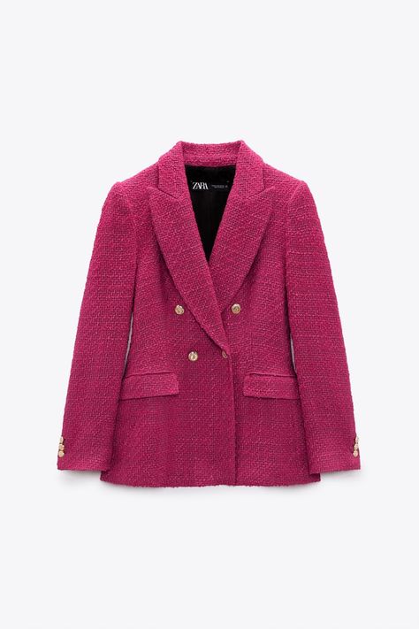 Pink Tweed Blazer, Hot Pink Blazers, Zara Tweed, Cropped Blazer Jacket, Pink Tweed, Houndstooth Jacket, Zara Blazer, Woven Jacket, Pink Blazer