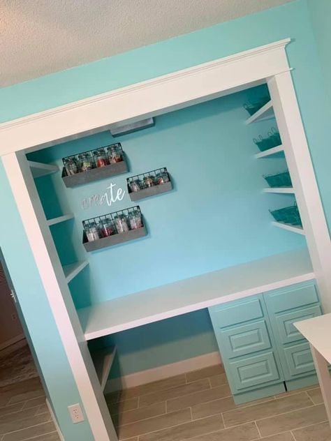 Closet School Room, Craft Room And Office Ideas, Hidden Craft Space, Craft Area In Closet, Closet Cricut Station, In Closet Desk Ideas, Desks In Closets Ideas, Craft Space In Closet, Turning Closet Into Craft Area