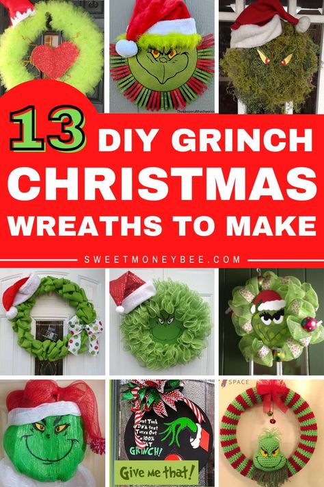 Learn how to make these super easy Grinch wreaths for Christmas. These will make a great Grinch holiday decoration for your front door! #thegrinch #grinch #grinchwhostolechristmas #christmaswreaths Diy Christmas Grinch, Grinch Wreath Ideas, Christmas Grinch Wreath, Grinch Christmas Wreath, Diy Grinch, Christmas Mason Jars Diy, Grinch Crafts, Christmas Wreath Ideas, Grinch Wreath