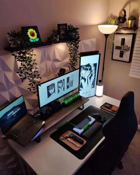 Dual Desk Setup, Dual Monitor Setup Home Office Ideas, Simple Wooden Desks, Monitor Setup, Setup Inspiration, Dual Monitor Setup, Dream Desk, Setup Gaming, Computer Desk Setup