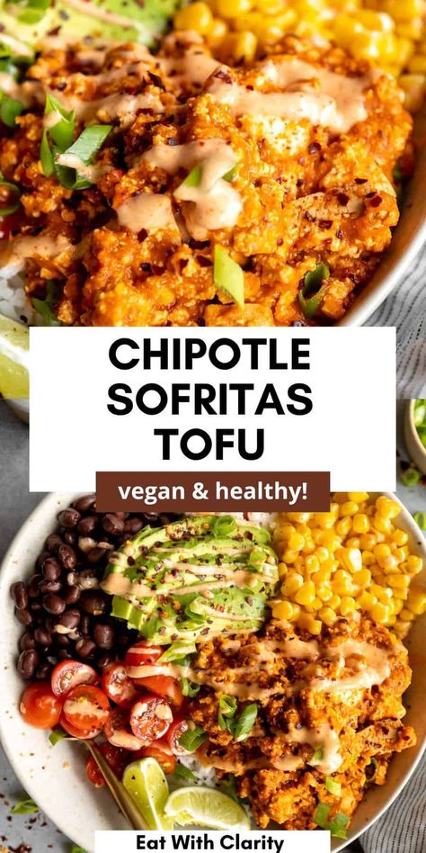 This copycat chipotle sofritas tofu is healthy, easy to make and vegan! This chipotle tofu is spicy, ready in 30 minutes and perfect in a burrito bowl with rice, beans, veggies, tomatoes avocado and a cilantro lime crema on top. This tofu recipe is perfect for a vegan dinner. Chipotle Lime Tofu, Tofu Taco Bowl, Mexican Tofu Recipes, Gluten Free Tofu Recipes, Sofritas Chipotle Recipe, Chickpea Tofu Recipes, Tofu Burrito Recipe, Cilantro Tofu, Vegan Chipotle Bowl