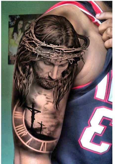 Tattoo Design Polynesian, Three Crosses Tattoo, 45 Tattoo, Crosses Tattoo, Jesus Tattoo Sleeve, Religous Tattoo, Jesus Christ Tattoo, Jesus Tattoo Design, Front Shoulder Tattoos