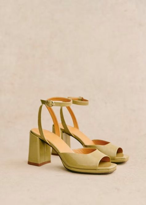 Maxine High Sandals - Polished pistachio - Patent cowide leather - Sézane Pistachio Outfit, Coloured Wedding Shoes, Heels Aesthetic, Spring Coffee, High Sandals, Party Heels, Wrap Heels, Wedding Sandals, Shoe Obsession