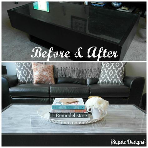 Updated IKEA glass coffee table using inexpensive wrapping paper | sypsie.com Glass Coffee Table Makeover, Coffee Table Update, Ikea Coffee Table, Coffee Table Makeover, Moving Apartment, Table Makeover, Contact Paper, Ikea Diy, Indian Home