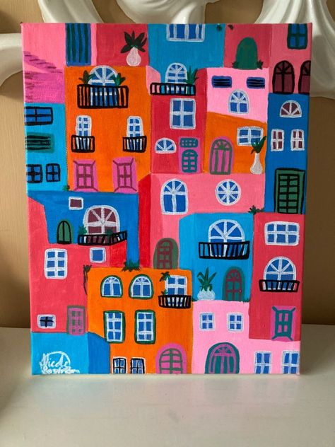 Ideas For Easy Paintings, Houses Painting Art, Paintings House Decor, Diy Canvas Art Colorful, Elementary Canvas Art Projects, Bright Color Paintings Canvas, Colorful Buildings Painting, Easy Paint Inspiration, Houses Painting Acrylic