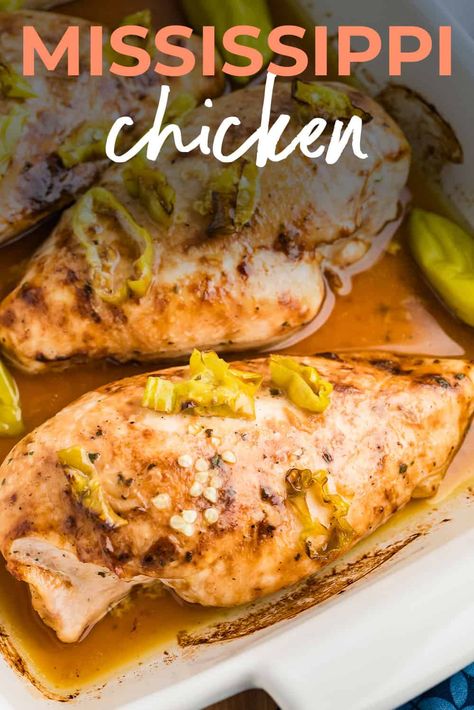 This Baked Mississippi Chicken recipe is low on carbs but BIG on flavor with Au Jus and ranch seasoning mix coating the chicken and pepperoncini topping it all off. Baked Mississippi Chicken, Mississippi Chicken, Mississippi Roast, Au Jus Gravy, Ranch Seasoning Mix, 5 Ingredient Recipes, 9x13 Baking Dish, Ranch Seasoning, Mashed Cauliflower