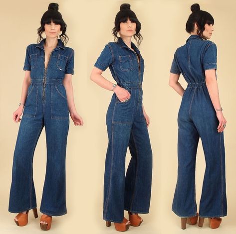 70s Jumpsuits For Women, Coverall Outfit Women, 70s Denim Jumpsuit, Coverall Outfit, Denim Jumpsuit Outfit, 70s Denim, 70s Clothing, 70s Inspired Fashion, 70’s Fashion