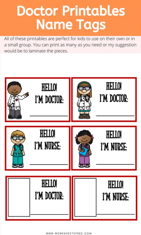 Pretend Doctor Printables, Jobs Drawing, Doctor Theme Preschool, Doctor Name Tag, Doctor Printable, Name Tag For Kids, Doctor Craft, Doctor Role Play, Diy Name Tags