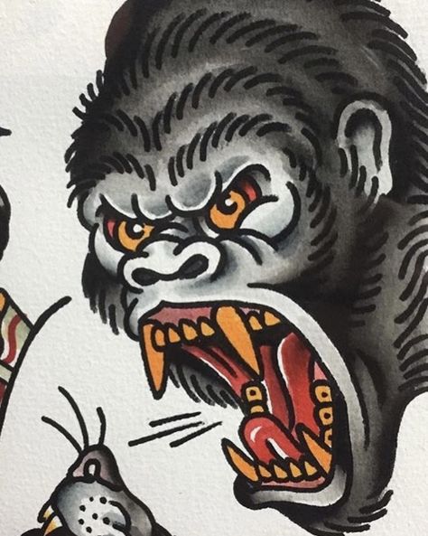 American Trad Gorilla, Neo Traditional Gorilla Tattoo, Japanese Traditional Tattoo Stencil, Traditional Gorilla Tattoo Design, Old School Monkey Tattoo, Old School Gorilla Tattoo, American Traditional Monkey Tattoo, Traditional Ape Tattoo, Japanese Gorilla Tattoo