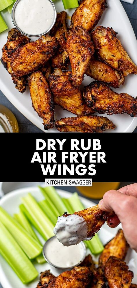 How to cook wings in an air fryer. Deliciously crispy air fried wings tossed in a simple dry rub consisting of garlic powder, onion powder, paprika, brown sugar, salt, and pepper. Healthier, delicious, and ready for gameday. #airfryerwings #dryrubwings #chickenwings How To Cook Wings, Air Fried Wings, Wings Bbq, Fried Wings, Air Fry Chicken Wings, Air Fryer Wings, Cooking Chicken Wings, Air Fryer Chicken Wings, Air Fry Recipes