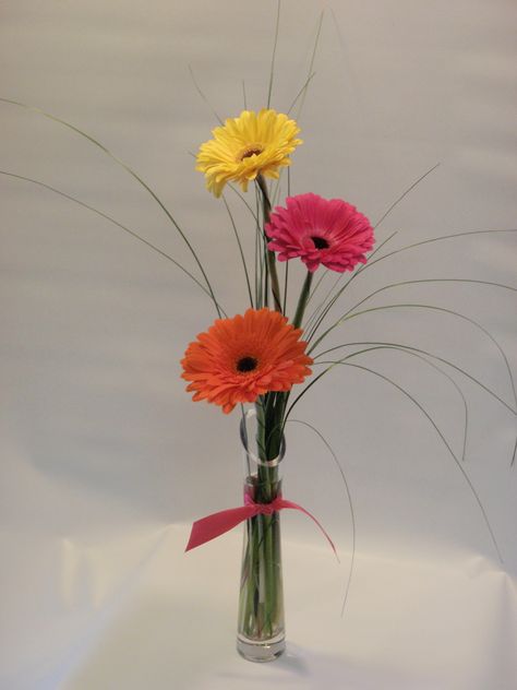 Bright colored gerbera daisies in a bud vase with bear grass Gerbera Daisy Arrangements Simple, Gerbera Table Decorations, Bud Vase Ideas Simple, Gerber Daisy Arrangements, Gerber Daisy Centerpiece, Daisy Arrangements, Gerbera Daisy Centerpiece, Gerbera Daisy Wedding, Daisy Centerpieces