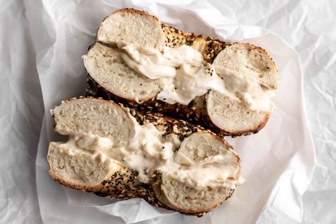 Garlic Confit Cream Cheese Garlic Cream Cheese Recipes, Roasted Garlic Cream Cheese, Confit Garlic, Flavored Cream Cheese, Garlic Cream Cheese, Bagel Spread, Garlic Confit, Roasted Garlic Cloves, Homemade Food Recipes