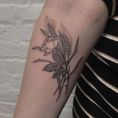 Wheat Flower Tattoo, Wheat And Wildflower Tattoo, Rose And Wheat Tattoo, Dainty Wheat Tattoo, Small Wheat Tatoos, Rose Tattoo, Wheat, Geometric Tattoo, Flower Tattoo