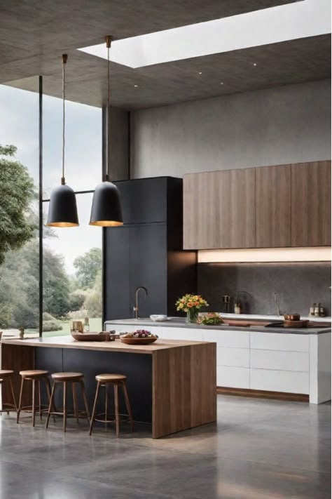 Oversized pendant light transforming modern kitchen Warm Modern Interior Design, Double Height Kitchen, High Ceiling Kitchen, Mountain Modern Kitchen, Ultra Modern Kitchen, Can Lighting, Modern Kitchen Lighting, Natural Wood Kitchen, Kitchen Post