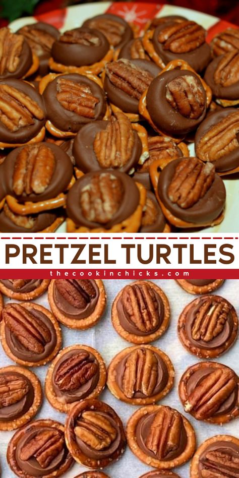 Try these amazing Pretzel Turtles as a Christmas dessert to impress your family or guests. It has a crisp salty pretzel layered with sweet caramel chocolate, topped with a crunchy pecan that looks delectable in every bite. You only need a few ingredients to make this dessert recipe. It's a quick and easy baked good that is perfect to serve as a holiday treat! Easy Christmas Treats Pretzels, Pretzel And Peanut Butter Snack, Pretzel Carmel Turtles, Caramel Pretzel Dessert, Chocolate-caramel-pecan Pretzel Bites, Quick Deserts Ideas For Party, Christmas Dessert With Pretzels, Teddy Bears In A Blanket Recipe, Caramel Pecan Pretzel Bars