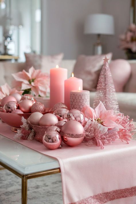 A coffee table set with pink Christmas decor, featuring ornaments, candles, and poinsettias for a soft, festive touch. Pink Christmas Decorations Living Room, Stanley Christmas, Ideas For Coffee Tables, Christmas Coffee Table Decor Ideas, Coffee Table Displays, Pink Christmas Table, Christmas Coffee Table, Christmas Coffee Table Decor, Coffee Table Decor Ideas