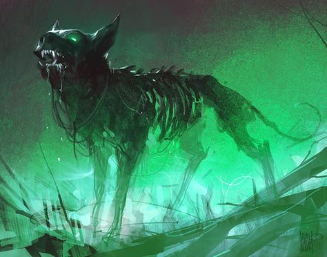 Undead Wolf Demon Dog, Ghost Dog, 다크 판타지, Fantasy Monster, Mythological Creatures, Wolf Art, Mystical Creatures, Arte Fantasy, 판타지 아트