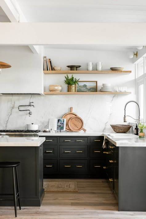 Studio Mcgee Open Shelving Kitchen, Non White Cabinet Kitchen, Studio Mcgee Dark Kitchen, White Cabinets Wood Accents, Shelves By Hood In Kitchen, Dream Home Makeover Studio Mcgee Kitchen, Studio Mcgee Open Shelving, Mixed Materials Kitchen, Stunning Small Kitchens