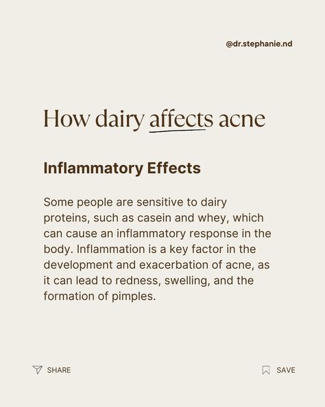 More and more research is proving the link between your diet and acne. Today we’re diving into how dairy products can affect or exacerbate acne. Dairy can contribute to acne by increasing hormone levels, insulin levels and can trigger inflammation in the body, all leading to or worsening acne. Looking for a personalized approach to healing acne? DM me to book a free virtual 10 minute consultation! - #acneawareness #dairyandacne #acnetreatment #holisticacademy #holistichealth #naturopathi... Acne Healing Diet, Things To Help Hormonal Acne, How To Deal With Hormonal Acne, Foods To Avoid For Hormonal Acne, Hormonal Imbalance Acne, Heal Hormonal Acne, Healing Diet, Hormone Levels, Hormonal Acne