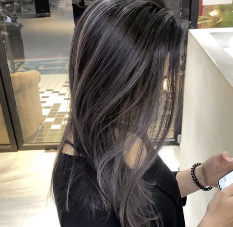 Dark Ash Brown Hair With Lowlights, Grey Bangs Dark Hair, Black Hair Ashy Highlights, Black Ashy Hair, Subtle Grey Highlights On Dark Hair, Ashy Highlights On Black Hair, Black Hair Ash Highlights, Dark Hair Ashy Highlights, Black Hair On Pale Skin