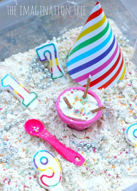 Birthday Party Tuff Tray Ideas, Birthday Cake Sensory Bin, Birthday Role Play Eyfs, Birthday Topic Eyfs, Birthday Tuff Tray Ideas, Birthday Tuff Tray, Birthday Preschool Activities, Celebrations Eyfs, Birthday Cake Cloud