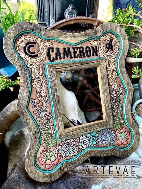 Custom leather frame for Amy Sue and Cole for their wedding table. Handmade @artevae Tooled Leather Picture Frame, Western Picture Frames, Leather Picture Frames, Leather Frames, Western Wedding, Custom Leather, Leather Tooling, Wedding Designs, Wedding Table