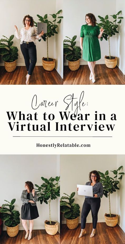 Virtual interview tips and career style for your next job interview! How To Dress For A Zoom Interview, What To Wear For A Zoom Interview, Online Job Interview Outfit, What To Wear For A Virtual Interview, Interview Outfit Virtual, Teams Interview Outfit, Zoom Job Interview Outfit, In Person Interview Outfit, Remote Interview Outfit