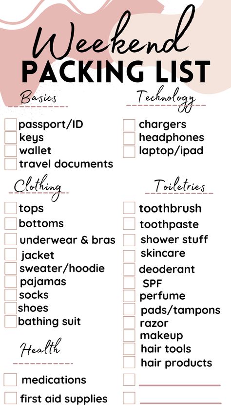 Weekend Trip Packing List, Weekend Trip Packing, Trip Essentials Packing Lists, Weekend Packing List, Road Trip Kit, Weekend Packing, Packing Essentials List, Travel Packing Checklist, Road Trip Packing List