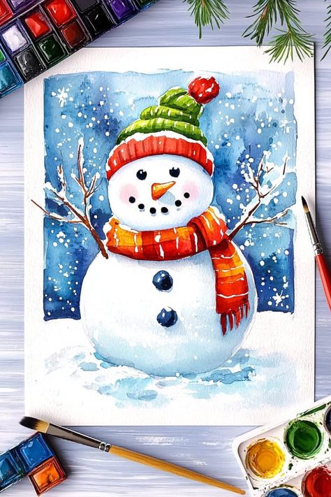 29 Winter Watercolor Painting Ideas for Beginners and Advanced Artists Watercolor Painting Ideas For Beginners, Watercolor Snowman, Watercolor Christmas Cards Diy, Watercolor Painting Ideas, Nature Canvas Painting, Bright Accessories, Painting Ideas For Beginners, Winter Watercolor, Kids Art Class