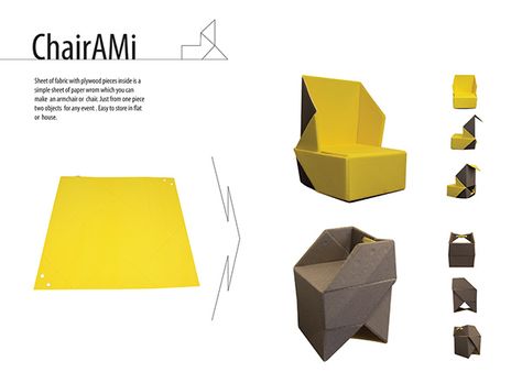 Chair AMi . Origami chair on Behance Origami Furniture Paper, Origami Furniture Design, Chair Origami, Collapsible Furniture, Origami Chair, Origami Furniture, Geometric Furniture, Origami Architecture, Unusual Furniture