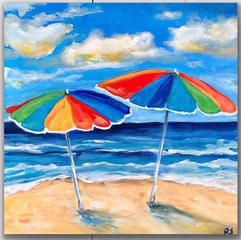 artist: randi - small beach painting of umbrellas in the sand Beach Umbrella Art, Rainbow Umbrella, Beach Scene Painting, Surf Painting, Abstract Ocean Painting, Beach Oil Painting, White Nights, Rainbow Beach, Arches Watercolor Paper