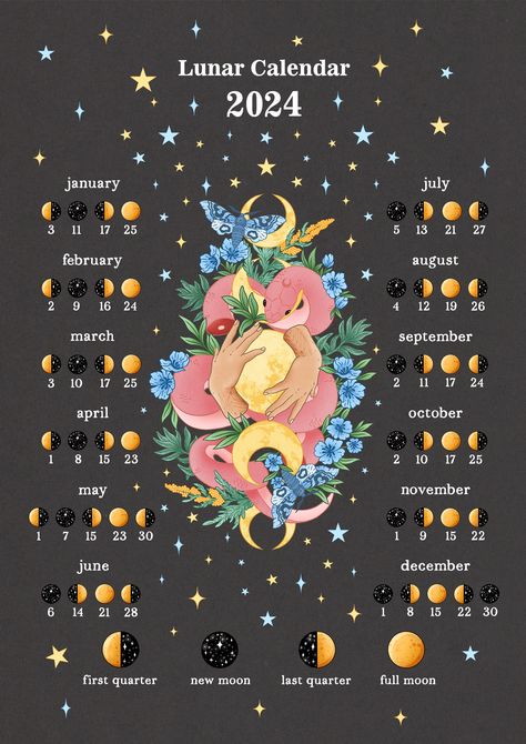 Moon Calendar 2024, Lunar Calendar 2024, moon cycle 2024, moon phases 2024, calendar 2024, wall art, witchy wall art, goth poster, pastel goth poster, snake calendar, animals calendar, mystical calendar, mystic wall art, witch wall art, moon poster, moon illustration, witch illustration, snake illustration, moth art, snake art, creepy and cute illustration, witch wall decor, goth wall decor, moon drawing, flower illustration, calendar illustration Wicca Poster, Witchy Calendar, Goth Wall Decor, Witch Wall Art, Moon Date, Occult Decor, Snake Illustration, Moon Phase Calendar, Calendar Wall