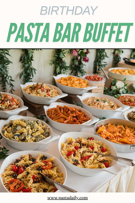 Pasta Bar Ideas for Birthday Bashes Celebrate another year with a customizable pasta station that everyone will love to enjoy. Pasta Station Ideas Parties, Make Your Own Pasta Bar, Pasta Wedding Buffet, Pasta Night Party Ideas, Pasta Station Wedding, Pasta Buffet Ideas, Pasta Bar Wedding Reception, Pasta Bar Ideas Buffet, Diy Pasta Bar