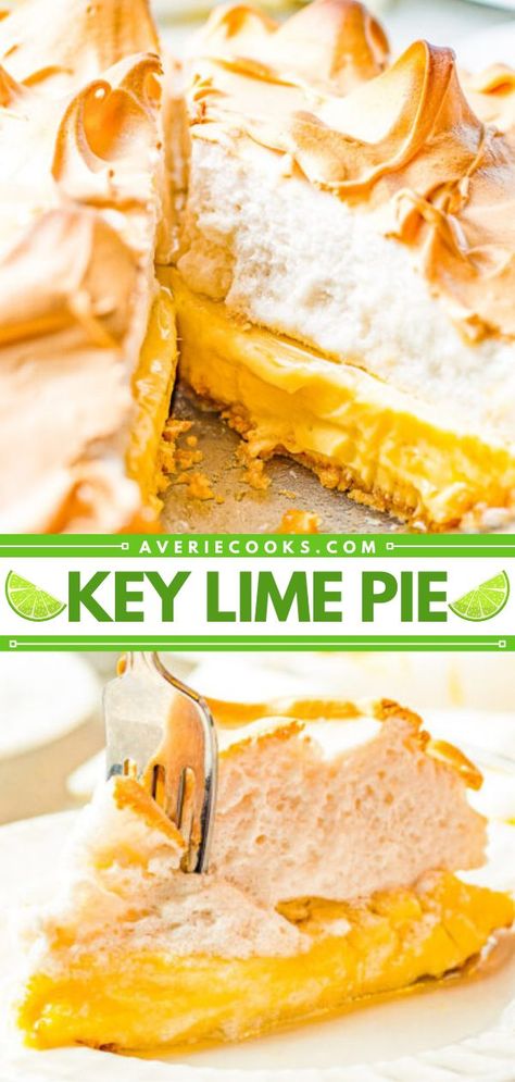 This family-favorite baking recipe will become yours, too! It lets you have the ultimate summer dessert. From the easy graham cracker crust to the creamy filling to the fluffy topping, this traditional key lime pie with meringue is perfection! Key Lime Pie Recipe With Meringue, Key Lime Meringue, Key Lime Meringue Pie, Easy Graham Cracker Crust, Lime Meringue Pie, Lime Dessert Recipes, Lime Meringue, Key Lime Filling, Lime Desserts