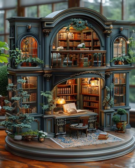 Doll House Library, Library Dollhouse, Aesthetic Dollhouse, Library Miniature, Fantasy Dollhouse, Cute Dollhouse, Dollhouse Library, Miniature Library, Bookshelf Art