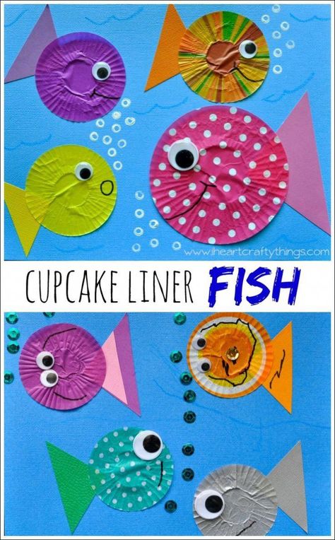 Arts And Crafts Paper #ArtsAndCraftsRecords Key: 9280450751 #ArtCraft Cupcake Liner Fish, Oppgaver For Barn, Seahorse Crafts, Cupcake Liner Crafts, Fish Craft, Sea Crafts, Fish Crafts, Ocean Crafts, Daycare Crafts