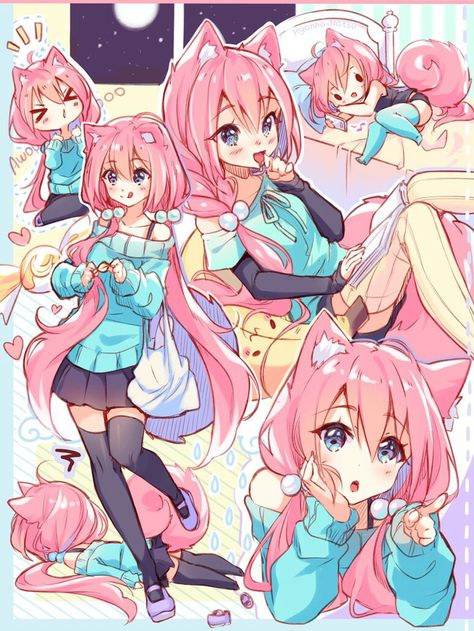 Name: Chiye || Artist: Hyanna Natsu || Hyanna Natsu, Sketch Page, Shojo Anime, Girl With Pink Hair, Wolf Girl, Anime Wolf, Anime Cat, Fanarts Anime, Cute Pokemon