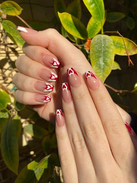 French nails with a hearted fire Heart Fire Nails, Fire Themed Nails, Fire Heart Nails, Flame Heart Nails, Heart Flame Nails, Flame Nail Art, Black French Tips, Flame Tattoos, Heart Nails