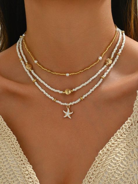 Set de 3 piezas Collar de capas con cuentas, borlas, estrellas de mar y conchas, joyería de moda de playa de verano para mujeres  Vacación   Aleación de zinc     Women Fashion Jewelry, size features are:Bust: ,Length: ,Sleeve Length: Starfish Jewelry, Rice Bead, Wear Necklaces, Summer Necklace, Watches Women Fashion, Handcrafted Necklace, Shell Necklace, Shell Necklaces, Coin Pendant